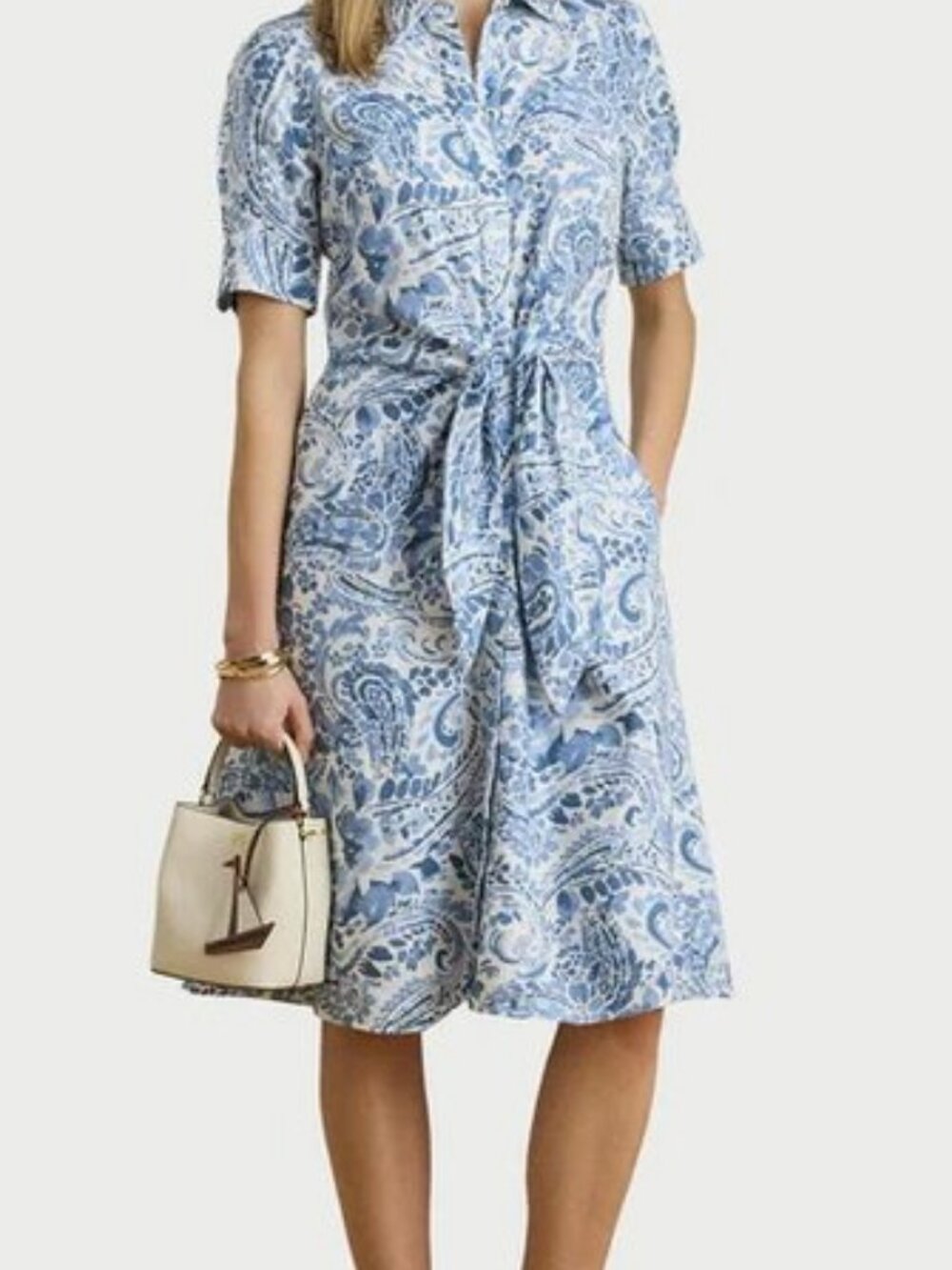 Lauren Ralph Lauren Shirt Dress Womens 4 Blue White Linen Paisley Floral Tie